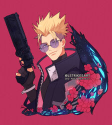 Rule 34 | 1boy, agl arms .45 long colt, black coat, black gloves, blonde hair, break-action revolver, coat, earrings, flower, from side, gloves, glowing, gun, handgun, holding, holding gun, holding weapon, hoop earrings, jewelry, lightningstrikes, low bore axis revolver, male focus, mole, mole under eye, one eye closed, partially fingerless gloves, red background, red flower, revolver, round eyewear, single earring, smile, solo, spiked hair, sunglasses, tinted eyewear, trigun, trigun stampede, twitter username, undercut, upper body, vash the stampede, weapon