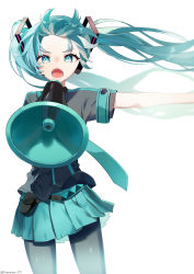 Rule 34 | 1girl, absurdres, armband, black pantyhose, black shirt, commentary request, cowboy shot, green eyes, green hair, green necktie, green skirt, hatsune miku, heart, heart print, highres, holding, holding megaphone, koi wa sensou (vocaloid), long hair, megaphone, necktie, niwa (niwaniwa 1227), open mouth, outstretched arm, pantyhose, pleated skirt, shirt, short sleeves, simple background, skirt, solo, twintails, twitter username, vocaloid, white background, window