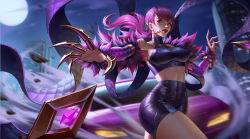 Rule 34 | 1girl, absurdres, bare shoulders, breasts, building, claw (weapon), commentary request, covered erect nipples, crop top, earrings, evelynn (league of legends), highres, idol, jewelry, k/da (league of legends), k/da evelynn, large breasts, league of legends, lipstick, long hair, looking at viewer, makeup, microphone, midriff, moon, night, night sky, purple hair, sky, skyscraper, solo, thighs, weapon, yellow eyes, yus