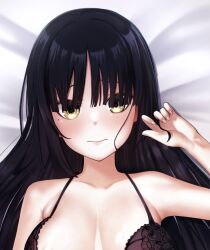 Rule 34 | 1girl, bare shoulders, bed sheet, black bra, black hair, blunt bangs, blush, bra, breasts, breasts apart, cafe stella to shinigami no chou, close-up, closed mouth, collarbone, commentary request, dakimakura (medium), eyelashes, fingernails, floral print, furrowed brow, hair between eyes, hair spread out, hand up, highres, large breasts, light smile, lips, long hair, looking at viewer, mole, mole under eye, shiki natsume, solo, straight hair, tft (tft7822), tsurime, underwear, yellow eyes