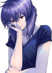 Rule 34 | 1girl, artist request, black shirt, expressionless, ghost in the shell, hair between eyes, head rest, highres, kusanagi motoko, looking at viewer, parted lips, purple hair, red eyes, shirt, short hair, short sleeves, solo, t-shirt, upper body, white background