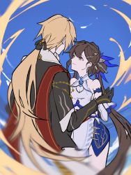 Rule 34 | 1boy, 1girl, back, bare shoulders, black gloves, blonde hair, blue background, brown eyes, brown hair, china dress, chinese clothes, closed mouth, dress, gloves, hair ornament, heisedemei, highres, honkai (series), honkai impact 3rd, jacket, li sushang, li sushang (jade knight), looking at another, otto apocalypse, ponytail, simple background, sleeveless, sleeveless dress, smile, white dress, white jacket