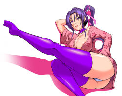 Rule 34 | 10s, 1girl, areola slip, ass, asymmetrical sleeves, breasts, choker, cleavage, closed mouth, collarbone, fishneak, hair ribbon, japanese clothes, kousaka shigure, large breasts, long hair, looking at viewer, lying, no shoes, off shoulder, panties, pantyshot, pink ribbon, ponytail, purple eyes, purple hair, purple thighhighs, ribbon, shijou saikyou no deshi ken&#039;ichi, simple background, solo, thick thighs, thighhighs, thighs, underwear, uneven sleeves, white background, white panties