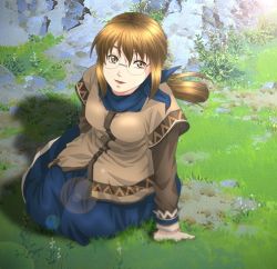 Rule 34 | 1girl, apple (suikoden), breasts, brown eyes, brown hair, dress, female focus, full body, gensou suikoden, gensou suikoden iii, glasses, long hair, lowres, nature, outdoors, sitting, solo, yumi (pixiv275460)