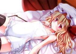 Rule 34 | 1girl, apron, bed sheet, black thighhighs, blonde hair, blush, breasts, cameltoe, curtains, ebi 193, flandre scarlet, hair ribbon, hat, looking at viewer, lying, md5 mismatch, naked apron, on back, on bed, red eyes, ribbon, short hair, side ponytail, sideboob, small breasts, solo, thighhighs, touhou, wings