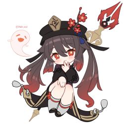 Rule 34 | 1girl, black dress, black headwear, blush, branch, brown hair, chibi, closed mouth, commentary, dress, flower, flower-shaped pupils, full body, genshin impact, ghost, gradient hair, grey socks, hair between eyes, head tilt, hu tao (genshin impact), jewelry, knees up, long hair, long sleeves, looking at viewer, multicolored hair, polearm, red eyes, red flower, red hair, ring, simple background, smile, socks, solo, spear, ssorasora, symbol-shaped pupils, twitter username, very long hair, weapon, white background