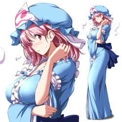 Rule 34 | 1girl, arm garter, blush, breast hold, breasts, center frills, eyebrows, frilled hat, frills, from side, full body, tucking hair, hand in own hair, hat, highres, hitodama, japanese clothes, kimono, large breasts, looking at viewer, looking to the side, mob cap, multiple views, nori tamago, pink hair, profile, red eyes, saigyouji yuyuko, sash, short hair, simple background, standing, sweatdrop, touhou, triangular headpiece, upper body, white background, wide sleeves
