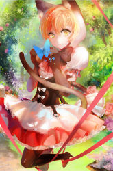 Rule 34 | 10s, 1girl, :3, animal ears, black pantyhose, bug, butterfly, cat ears, cat tail, corset, dress, frilled dress, frills, high heels, highres, hoshizora rin, insect, juexing (moemoe3345), looking at viewer, love live!, love live! school idol festival, love live! school idol project, orange hair, pantyhose, puffy sleeves, short hair, short sleeves, solo, tail, yellow eyes