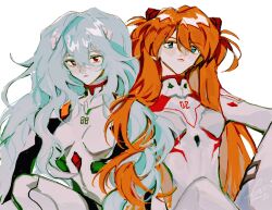 Rule 34 | 2girls, absurdres, ayanami rei, blue eyes, blue hair, bodysuit, breasts, closed mouth, evangelion: 3.0+1.0 thrice upon a time, highres, medium breasts, multiple girls, neon genesis evangelion, orange hair, pilot suit, plugsuit, rebuild of evangelion, red eyes, rikachi 0506, souryuu asuka langley, white bodysuit