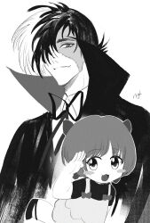 Rule 34 | 1boy, 1girl, :3, black jack (character), black jack (series), blush stickers, bob cut, bow, closed mouth, coat, collared shirt, dress, greyscale, hair bow, hair over one eye, highres, leg up, looking at viewer, mary janes, monochrome, multicolored hair, multiple hair bows, mystical high collar, neck ribbon, open mouth, patchwork skin, pinafore dress, pinoko, ribbon, salute, scar, scar on face, shirt, shoes, short hair, short sleeves, simple background, sio2 (whynotkarma), sleeveless, sleeveless dress, split-color hair, thick eyebrows, two-tone hair