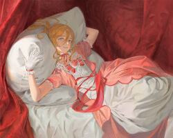 1boy after_the_masked_ball_(heinrich_lossow) aheuretokki bed blonde_hair blush cross-laced_clothes cross-laced_dress crossdressing curtains dress ensemble_stars! flower gloves hair_between_eyes highres long_hair looking_at_viewer lying male_focus mashiro_tomoya on_back on_bed pillow pillow_grab pink_dress pink_ribbon puffy_short_sleeves puffy_sleeves ribbon short_sleeves smile solo trap white_gloves yellow_eyes