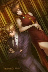 Rule 34 | 1boy, 1girl, ada wong, aimio nagi, black hair, blonde hair, breasts, capcom, chinese clothes, crossed arms, formal, happy new year, large breasts, leon s. kennedy, new year, resident evil, suit