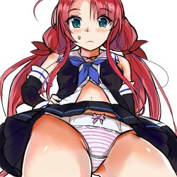 Rule 34 | 10s, 1girl, aqua eyes, bare shoulders, blush, detached sleeves, hair ribbon, hand on own hip, kantai collection, kawakaze (kancolle), looking back, low twintails, panties, pantyshot, red hair, ribbon, solo, standing, striped clothes, striped panties, takahiro (rikky), twintails, underwear, upskirt