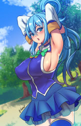 Rule 34 | 1girl, absurdres, aqua (konosuba), armpits, arms behind head, arms up, blue eyes, blue hair, blue thighhighs, blush, breasts, cloud, covered erect nipples, cowboy shot, day, detached sleeves, female pubic hair, forest, hair between eyes, highres, kono subarashii sekai ni shukufuku wo!, large breasts, long hair, looking at viewer, matching hair/eyes, nature, open mouth, oppaihobby, outdoors, pubic hair, pussy, see-through, sideboob, skirt, sky, solo, thighhighs, tree, uncensored
