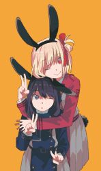 Rule 34 | 2girls, :o, animal ears, black hair, blue coat, bow, bowtie, chinese zodiac, closed mouth, coat, commentary, dou (mame eee), double v, fake animal ears, fake tail, hair bow, hairband, highres, hug, inoue takina, light brown hair, long hair, long sleeves, looking at viewer, lycoris recoil, lycoris uniform, multiple girls, nishikigi chisato, one eye closed, orange background, rabbit ears, rabbit tail, red coat, red eyes, short hair, simple background, tail, upper body, v, year of the rabbit