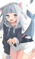 Rule 34 | 1girl, animal ear fluff, animal ears, bare legs, barefoot, blue eyes, blue hair, blush, breasts, cat ears, dot nose, fins, fish tail, gawr gura, grey hair, highres, hololive, hololive english, holomyth, hood, hoodie, kneeling, leaning forward, long hair, long sleeves, multicolored hair, nocchi (r ws2l), open mouth, shark tail, sharp teeth, simple background, small breasts, solo, tail, teeth, thighs, twintails, two-tone hair, virtual youtuber, white background