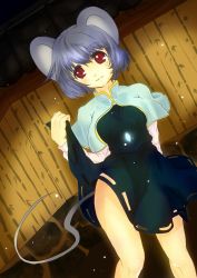 Rule 34 | 1girl, animal ears, bad hands, bad id, bad pixiv id, blue hair, breasts, clothes lift, dress, dress lift, dutch angle, artistic error, female focus, highres, kotarou (yukina1721), light particles, mouse ears, mouse tail, nazrin, red eyes, short hair, smile, solo, tail, touhou