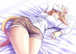 Rule 34 | 1girl, :o, ahoge, animal ears, bed sheet, blush, breasts, brown shorts, cat ears, cat tail, collared shirt, cowboy shot, dress shirt, eyebrows, from below, hair between eyes, half-closed eyes, hand on forehead, large breasts, long sleeves, looking at viewer, on bed, open \m/, original, pillow, shade, shirt, shorts, solo, tail, tonpuu, white shirt