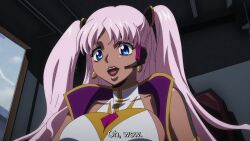 1girl animated anime_screenshot blue_eyes bouncing_breasts breasts catherine_sabathra cleavage clothing_cutout code_geass code_geass:_dakkan_no_roze dark-skinned_female dark_skin earrings highleg highleg_leotard highres hoop_earrings jewelry large_breasts leotard lips pink_hair robot sideboob sound subtitled tagme twintails underboob_cutout vehicle_interior video white_leotard