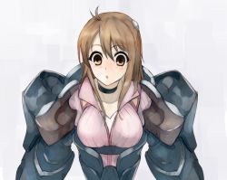 Rule 34 | 1girl, adeltrud walter, ahoge, alternate hair color, antenna hair, armor, blush, breasts, brown eyes, brown hair, choker, dual ahoge, grey background, hair ornament, jacket, knight&#039;s and magic, long hair, looking at viewer, looking down, medium breasts, open cockpit, open collar, open mouth, power armor, silhouette gear, simple background, solo, udoku (suzucaste), upper body, v-neck