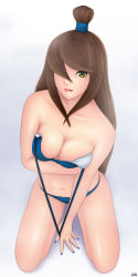 Rule 34 | 1girl, breasts, full body, green eyes, hair over one eye, highres, khalitzburg, kneeling, large breasts, long image, looking at viewer, midriff, nail polish, naruto, naruto (series), naruto shippuuden, solo, swimsuit, tall image, terumi mei, topknot, white background