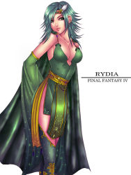 Rule 34 | 1990s (style), 1girl, aged up, boots, breasts, cape, character name, cleavage, copyright name, detached sleeves, female focus, final fantasy, final fantasy iv, green eyes, green hair, large breasts, matching hair/eyes, momoman (pink voltage), retro artstyle, rydia (ff4), simple background, solo, spoilers, thigh boots, thighhighs