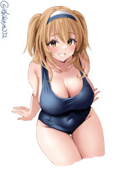 Rule 34 | 1girl, bare shoulders, blue hairband, blue one-piece swimsuit, blush, breasts, brown eyes, cleavage, collarbone, covered navel, cropped legs, ebifurya, from above, grin, hair between eyes, hairband, highres, i-26 (kancolle), invisible chair, kantai collection, large breasts, light brown hair, looking at viewer, one-hour drawing challenge, one-piece swimsuit, simple background, sitting, skindentation, smile, solo, swimsuit, thigh gap, thighs, twitter username, two-tone hairband, two side up, white background, white hairband