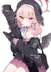 Rule 34 | 1girl, bag, beret, black hat, black shirt, black wings, blue archive, blush, closed mouth, collarbone, feathered wings, hair between eyes, halo, hat, head wings, ikeuchi tanuma, koharu (blue archive), long sleeves, looking at viewer, neckerchief, off shoulder, pink hair, pink neckerchief, pink skirt, pleated skirt, red eyes, sailor collar, school bag, school uniform, serafuku, shirt, simple background, sitting, skirt, sleeves past wrists, solo, sweat, twintails, v-shaped eyebrows, white background, white sailor collar, wings