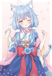 Rule 34 | ;d, absurdres, ahoge, alcohol, animal ear fluff, animal ears, bell, blue hair, blue hakama, blue kimono, blush, cat ears, cat girl, cat tail, colored tips, commentary request, hair between eyes, hair ornament, hairclip, hakama, hakama skirt, heart, heart ahoge, highres, hololive, japanese clothes, kimono, long hair, low twintails, multicolored hair, obi, official alternate costume, one eye closed, open mouth, print kimono, ribbon, sake, sash, shano hiyori, shawl, skirt, sleeves rolled up, smile, solo, streaked hair, tail, tail bell, tail ornament, tail ribbon, tokkuri, twintails, virtual youtuber, w arms, wide sleeves, yellow eyes, yukihana lamy, yukihana lamy (new year)