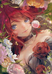 Rule 34 | akizero1510, bare shoulders, blue eyes, choker, commission, flower, highres, holding, long hair, looking at viewer, lying, on back, original, petals, red hair, rose, smile, solo