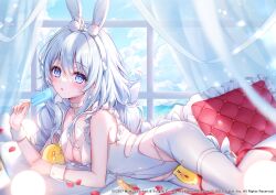 Rule 34 | 1girl, absurdres, amaki ruto, animal ears, azur lane, bare shoulders, blue eyes, chestnut mouth, choker, clothing cutout, curtains, fake animal ears, food, highres, holding, holding food, holding ice cream, ice cream, indoors, le malin (azur lane), le malin (listless lapin) (azur lane), leotard, long hair, looking at viewer, lying, manjuu (azur lane), official art, on bed, on side, pantyhose, parted lips, pillow, rabbit ears, solo, sparkling eyes, white choker, white hair, white leotard, white pantyhose