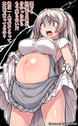 Rule 34 | 1girl, breasts, brown eyes, clothes lift, conte di cavour (kancolle), conte di cavour nuovo (kancolle), cowboy shot, dress, dress lift, gloves, grey dress, highres, kantai collection, large breasts, layered dress, lifted by self, long hair, mizunoe kotaru, navel, open mouth, pregnant, short sleeves, solo, stomach, translation request, twitter username, two side up, white dress, white gloves, white hair