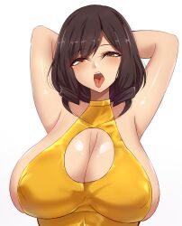 Rule 34 | 1girl, absurdres, armpits, arms behind head, bikini, black hair, breasts, challengia, cleavage, collarbone, covered collarbone, covered erect nipples, drill hair, female focus, gold bikini, highres, large breasts, looking at viewer, mature female, mistynight, nchans, nchans style, ninchan (nchans), one-piece swimsuit, open mouth, saliva, saliva trail, short hair, sideboob, simple background, skindentation, swimsuit, tongue, tongue out, white background, yellow eyes, yellow one-piece swimsuit