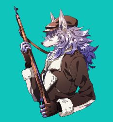 Rule 34 | 1boy, blue background, brown gloves, brown hat, brown jacket, closed mouth, commentary request, fate/grand order, fate (series), fingerless gloves, from side, furry, furry male, gloves, green eyes, gun, hand up, hat, highres, holding, holding gun, holding weapon, jacket, long hair, male focus, patxi (fate), purple hair, rifle, simple background, solo, tenobe, upper body, weapon, wolf