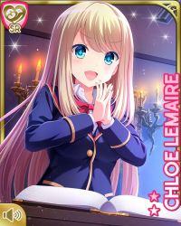 Rule 34 | 1girl, blonde hair, blue eyes, blue jacket, bow, breasts, candle, card, character name, chloe lemaire, girlfriend (kari), indoors, jacket, large breasts, long hair, official art, open mouth, own hands together, qp:flapper, reading, red bow, shirt, smile, solo, standing, tagme, upper body, v-shaped eyebrows, white shirt