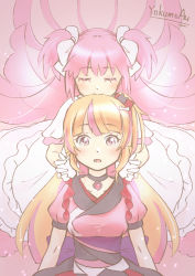 Rule 34 | 2girls, absurdres, ashley taylor, blonde hair, blush, bow, commentary, dress, english commentary, closed eyes, fang, frilled dress, frills, gloves, hair bow, hair ribbon, heart, highres, jewelry, kaname madoka, long hair, magia record: mahou shoujo madoka magica gaiden, mahou shoujo madoka magica, multicolored hair, multiple girls, necklace, one side up, open mouth, pink hair, red eyes, ribbon, short sleeves, tongue, two side up, ultimate madoka, very long hair, white dress, white gloves, wings, yakumo au