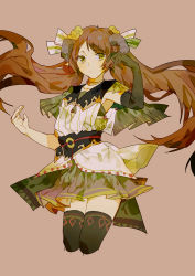 Rule 34 | 1girl, belt, black gloves, black thighhighs, brown hair, brown skirt, closed mouth, commentary, elbow gloves, female focus, full body, gloves, green eyes, hair ribbon, hands up, highres, horns, lobelia (saclia), long hair, looking at viewer, midair, original, pleated skirt, ribbon, shirt, single glove, skirt, solo, thighhighs, twintails, white ribbon, white shirt
