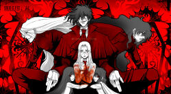 Rule 34 | 2girls, 4boys, aged down, alucard (hellsing), artist name, ascot, blood, blood on clothes, blood on face, bloody weapon, blunt bangs, capelet, expressionless, facial hair, girlycard, glasses, gloves, goatee, hellsing, holding, holding knife, hug, integra hellsing, knife, limited palette, long bangs, long hair, medium hair, multiple boys, multiple girls, multiple persona, red ascot, red capelet, red theme, reverse grip, smile, toshimichi yukari, vlad tepes (hellsing), watermark, weapon, web address