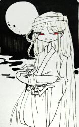 Rule 34 | 1other, androgynous, black sky, chinese commentary, closed mouth, commentary request, cup, eyelashes, feet out of frame, food, full body, gud 490811, half-closed eyes, headband, highres, holding, holding cup, holding food, japanese clothes, kimono, len&#039;en, long hair, long sleeves, looking at viewer, monochrome, night, night sky, other focus, pointy ears, red eyes, sakazuki, sky, smile, solo, spot color, straight hair, taira no fumikado, traditional media, two-tone background, very long hair, wide sleeves