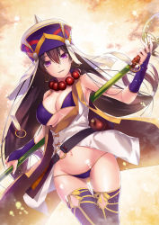 Rule 34 | 1girl, armpits, bare shoulders, bead necklace, beads, bikini, black hair, breasts, bridal gauntlets, cleavage, cowboy shot, earrings, fate/grand order, fate (series), gourd, groin, hair between eyes, hat, highres, holding, holding staff, hoop earrings, jewelry, large breasts, long hair, looking at viewer, navel, necklace, parted lips, prayer beads, purple bikini, purple eyes, purple thighhighs, shakujou, smile, solo, staff, stomach, swimsuit, thighhighs, very long hair, xuangzang sanzang (fate), yoshida takuma