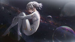 Rule 34 | 1girl, absurdres, black tiara, bodysuit, breasts, chinese commentary, closed eyes, commentary, curled up, fetal position, floating, from side, full body, grey bodysuit, grey hair, hair intakes, high heels, highres, lens flare, nanami: starfarer (punishing: gray raven), nanami (punishing: gray raven), nebula, official art, official wallpaper, one side up, planet, punishing: gray raven, short hair, skin tight, small breasts, solo, space, spacesuit, star (sky), tiara, xtears kitsune