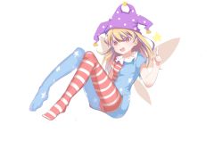 Rule 34 | 1girl, american flag dress, american flag legwear, bare arms, blonde hair, clownpiece, dress, fairy wings, full body, hat, highres, index finger raised, jester cap, knees up, long hair, looking at viewer, neck ruff, open mouth, pantyhose, plantar flexion, purple hat, red eyes, short dress, simple background, sitting, smile, solo, star (symbol), star print, striped clothes, striped dress, striped pantyhose, touhou, white background, wings