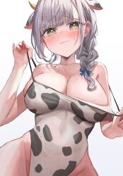 Rule 34 | 1girl, absurdres, animal ears, animal print, blush, braid, breasts, cleavage, clothes pull, cow ears, cow girl, cow print, green eyes, grey hair, hair between eyes, heart, heart in eye, highres, hololive, large breasts, looking at viewer, official alternate hairstyle, print leotard, pulled by self, rum raisin (chihiromakita19), shirogane noel, smile, solo, symbol in eye, undressing, virtual youtuber