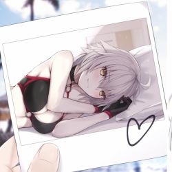 Rule 34 | 1girl, bed, bedroom, bee doushi, bikini, black bikini, black choker, blurry, blurry background, breasts, choker, cleavage, cloud, cloudy sky, commentary request, fate/grand order, fate (series), heart, holding, holding photo, jeanne d&#039;arc alter (swimsuit berserker) (fate), jeanne d&#039;arc (fate), jeanne d&#039;arc alter (fate), jeanne d&#039;arc alter (swimsuit berserker) (fate), large breasts, long hair, lying, o-ring, o-ring bikini, o-ring top, on bed, on side, palm tree, photo (object), pillow, silver hair, sky, smile, swimsuit, tree, yellow eyes