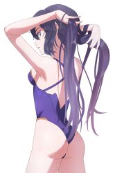 Rule 34 | 1girl, absurdres, ageragera, alternate costume, arms up, ass, black hair, breasts, cowboy shot, from behind, genshin impact, green eyes, hands in hair, highres, long hair, looking at viewer, looking back, mona (genshin impact), one-piece swimsuit, parted lips, purple hair, purple one-piece swimsuit, simple background, small breasts, solo, swimsuit, twintails, very long hair, white background