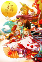 Rule 34 | 1girl, 2boys, amaterasu (p&amp;d), androgynous, asakura toki, blonde hair, blue hair, dual wielding, closed eyes, hand fan, folding fan, gradient hair, hat, holding, japanese clothes, jewelry, long hair, lots of jewelry, miko, multicolored hair, multiple boys, nail polish, open mouth, orange eyes, ponytail, purple hair, puzzle &amp; dragons, sidelocks, smile, susanoo (p&amp;d), sword, tate eboshi, weapon, wide sleeves, yellow eyes, yomi (p&amp;d)