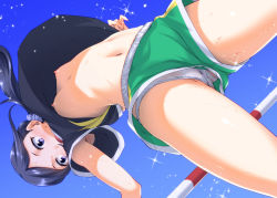 Rule 34 | 1girl, armpit peek, black hair, black shirt, blue eyes, blue sky, breasts, cameltoe, commentary request, day, dolphin shorts, green shorts, gym shorts, hair ornament, hair scrunchie, healin&#039; good precure, high jump, hisakawa chin, long hair, looking down, low ponytail, navel, nipples, no bra, open mouth, outdoors, panties, panties under shorts, parted bangs, precure, sawaizumi chiyu, scrunchie, shirt, short shorts, short sleeves, shorts, sky, small breasts, solo, sparkle, stomach, sweat, thighs, underboob, underwear, upshirt, upshorts, white panties