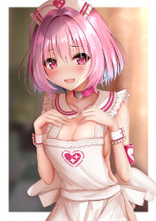 Rule 34 | 1girl, :d, absurdres, ahoge, apron, armband, bare arms, bare shoulders, blue hair, blurry, blush, breasts, choker, cleavage, collarbone, depth of field, fang, frilled apron, frills, hair intakes, hands on own chest, hands up, hat, heart, heart print, highres, idolmaster, idolmaster cinderella girls, large breasts, looking at viewer, md5 mismatch, monaka curl, multicolored hair, naked apron, nurse cap, open mouth, pink choker, pink eyes, pink hair, resolution mismatch, short hair, smile, solo, source smaller, standing, two-tone hair, upper body, white apron, wrist cuffs, yumemi riamu