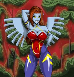 Rule 34 | 1girl, breasts, cleavage, d-reaper, d-reaper adr-01, digimon, female focus, highres, large breasts, smile, solo, wings