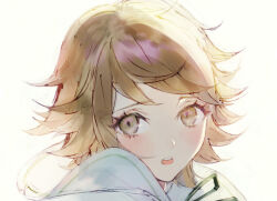 1boy brown_eyes brown_hair collar commentary_request cropped_shoulders danganronpa:_trigger_happy_havoc danganronpa_(series) eyelashes floating_clothes fujisaki_chihiro green_ribbon light_blush looking_at_viewer male_focus naoko_(artist) neck_ribbon open_mouth ribbon short_hair simple_background solo teeth trap upper_teeth_only white_background white_collar worried